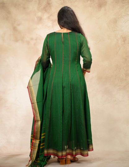 Green Narayanpet Cotton Anarkali Dress with Narayanpet Dupatta | Looms & Tassels