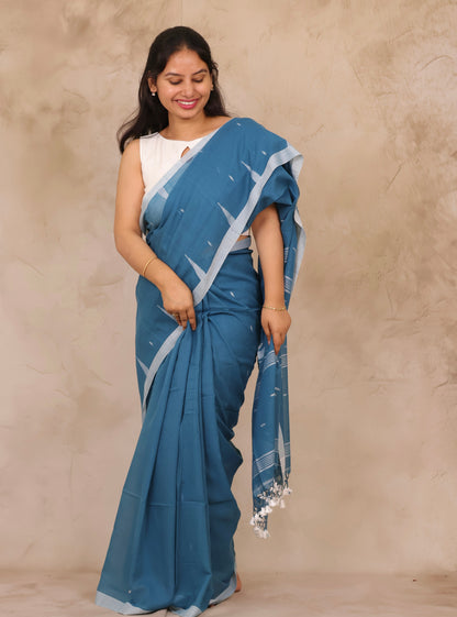 Blue Handwoven Malai Cotton Saree| Looms & Tassels
