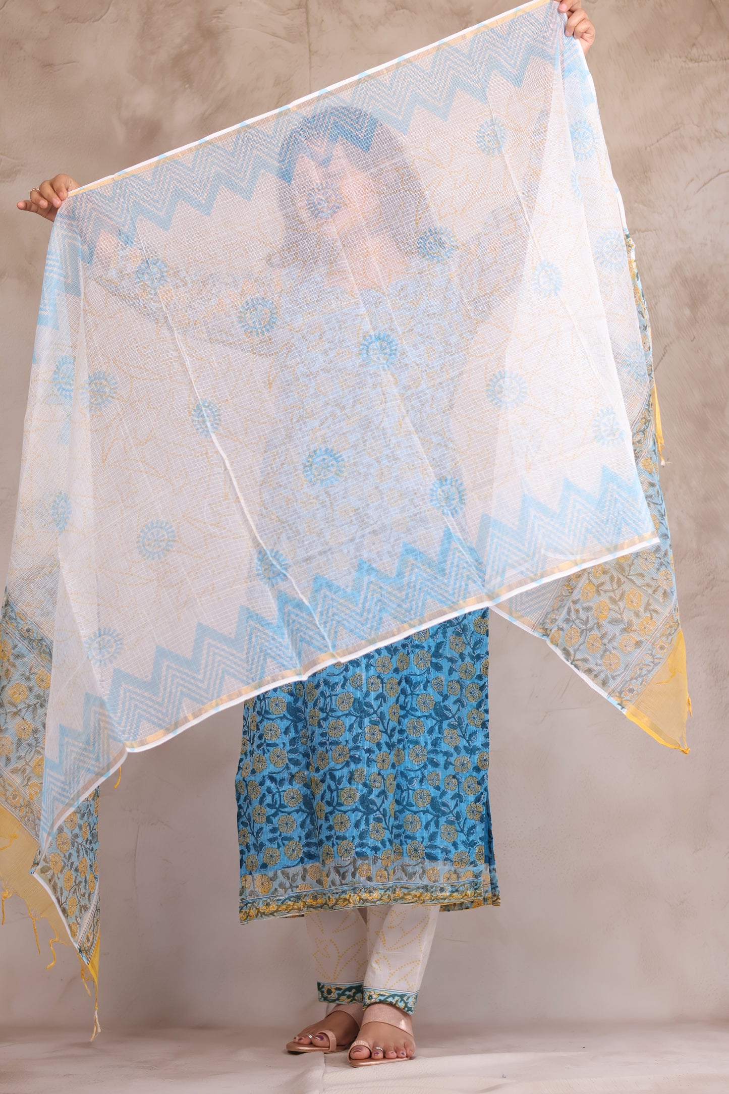 Sky Blue Bagru Handblock printed kota 3 piece suit (stitched)