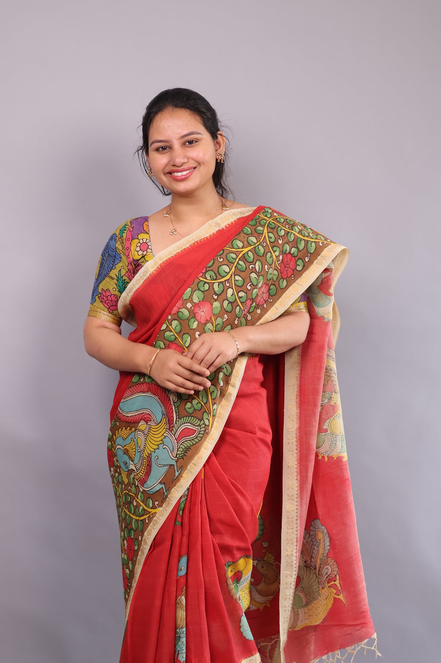 Red Hand Painted Pen Kalamkari Bangalore Silk Saree with Sungdi Borders