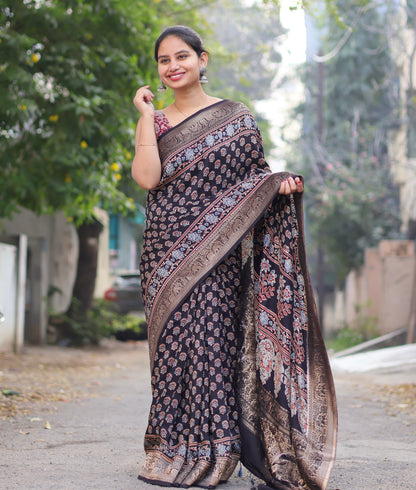 Black Ajrakh Dola Silk Saree