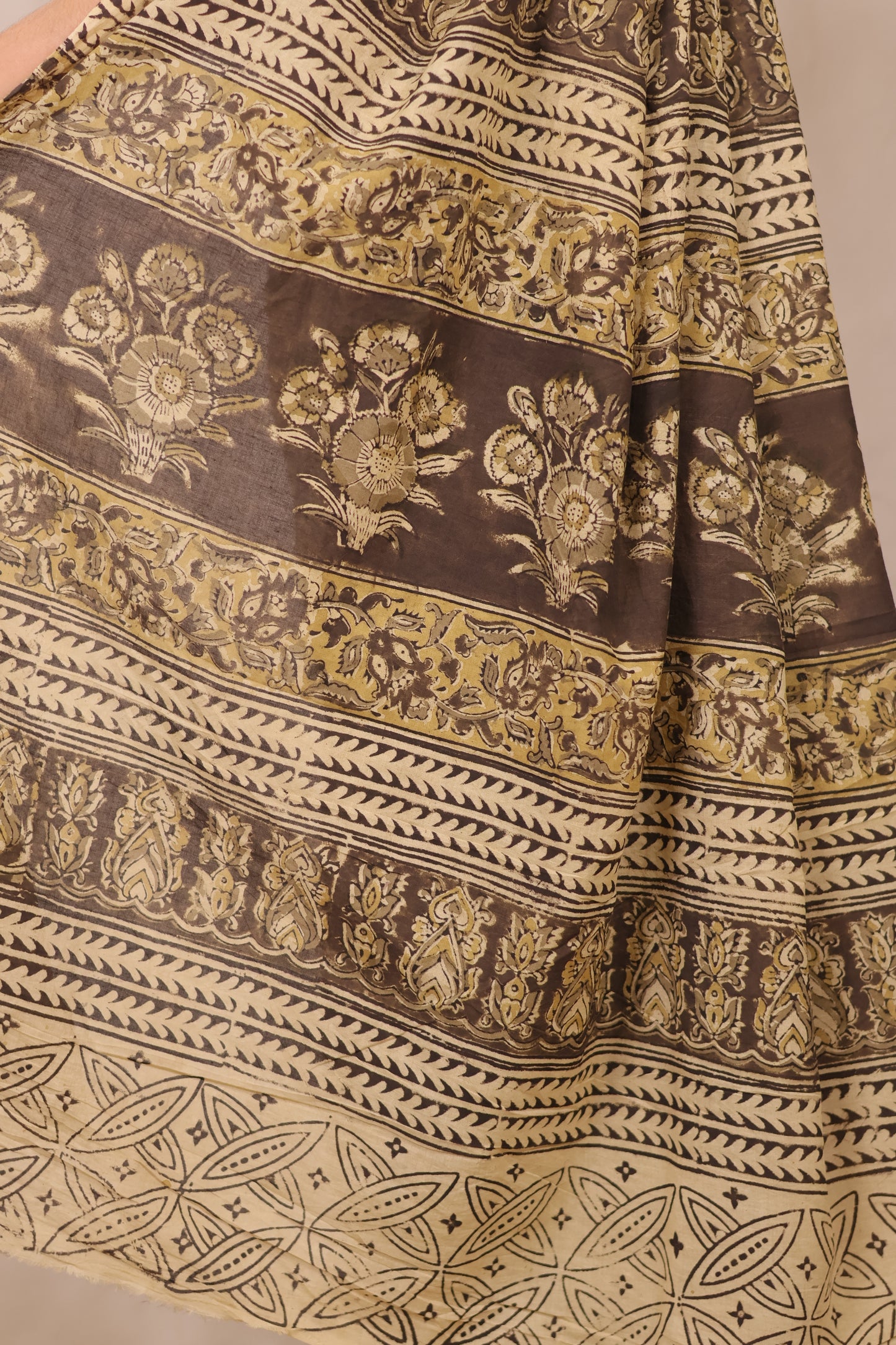 Black Hand Block Printed Kalamkari Cotton Saree | Looms & Tassels