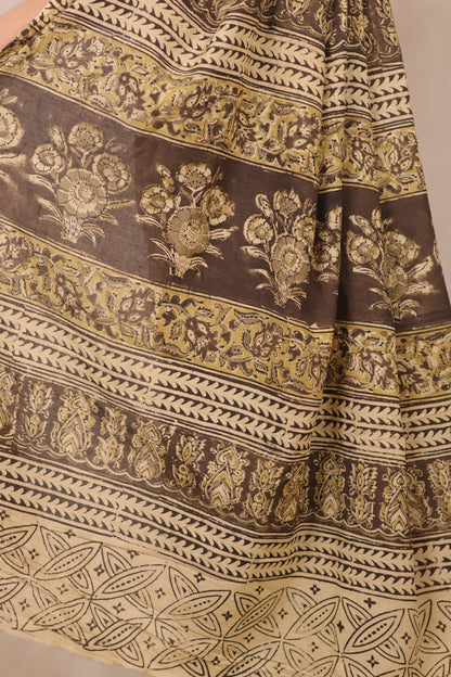 Black Hand Block Printed Kalamkari Cotton Saree | Looms & Tassels