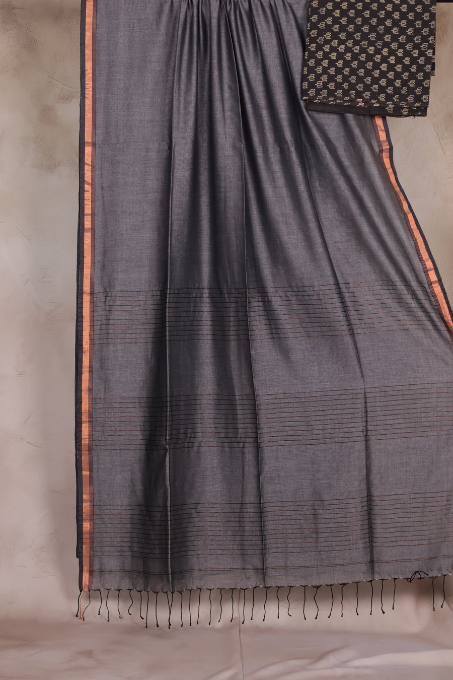 Grey Handwoven Malai Cotton Saree with Ajrakh blouse piece | Looms & Tassels