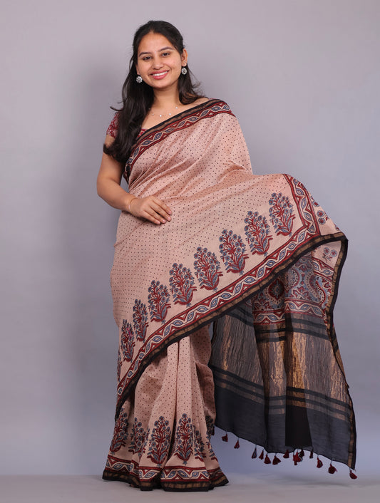 Cream Polka Dots & Flower Motifs Ajrakh Handblock printed Chanderi Silk Saree | Looms & Tassels