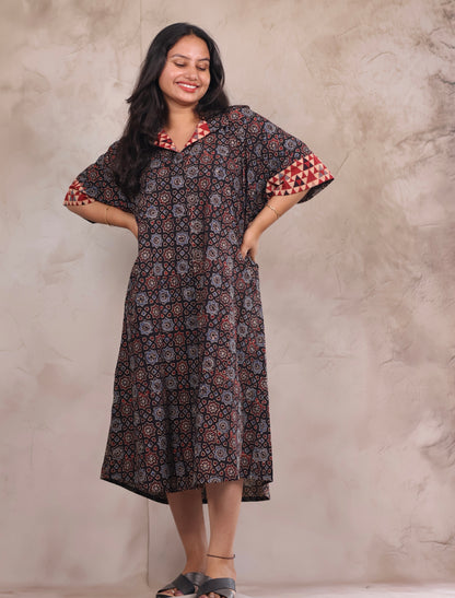 Black Ajrakh Handblock Printed Cotton Kaftan shirt dress – Elegant & Breathable Ethnic Wear | Looms & Tassels