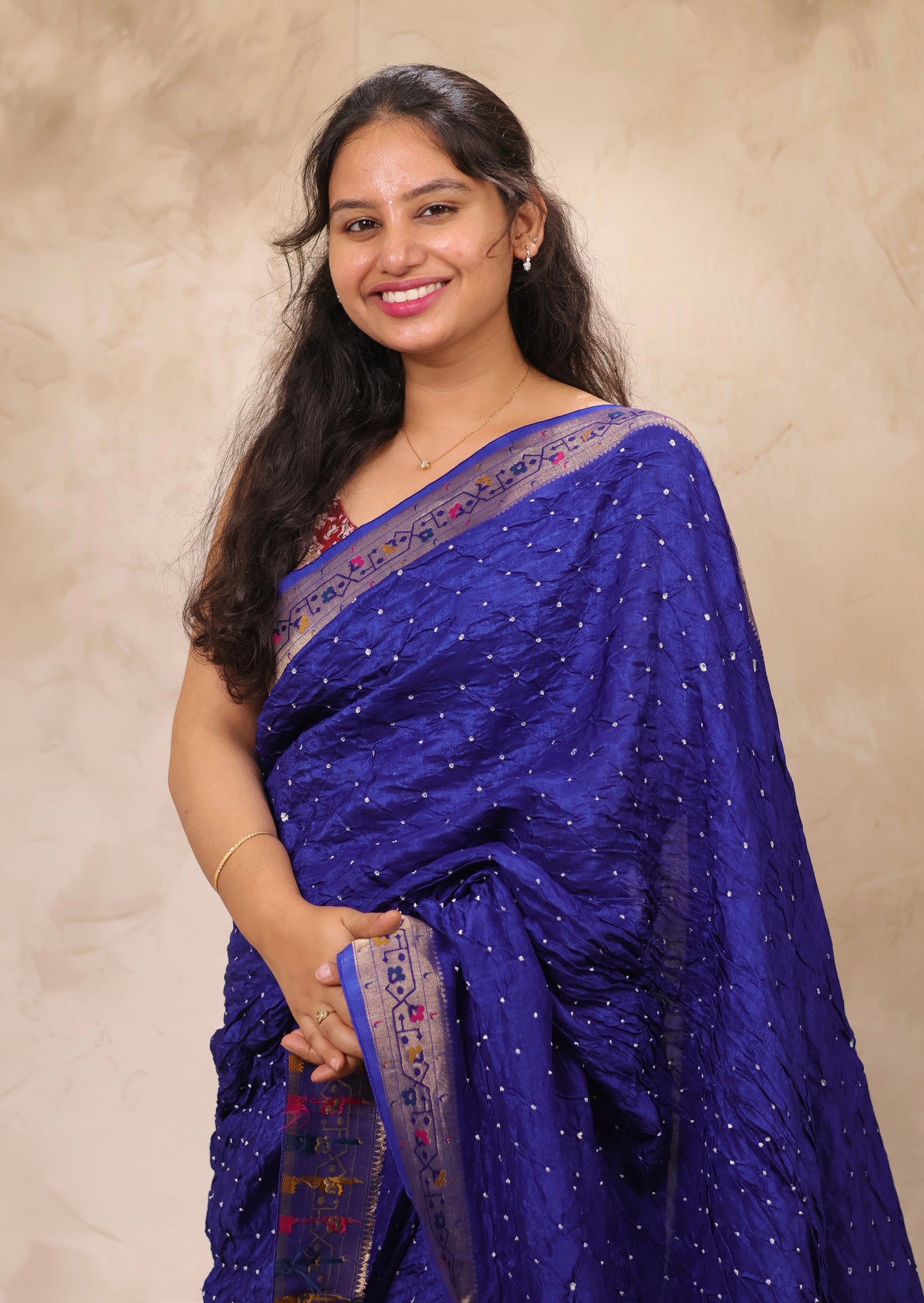 Blue Handcrafted Bandhani Paithani Dola Silk Saree | Looms & Tassels