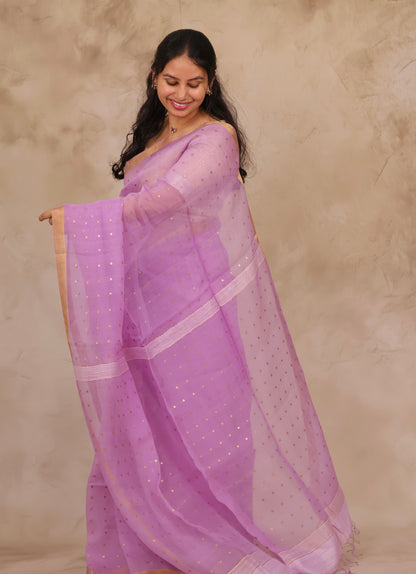 Pastel Lavender Handwoven Muslin Silk Saree With Sequence Work | Looms & Tassels