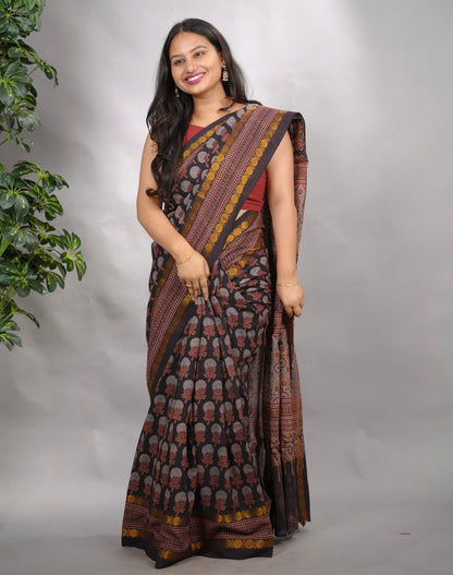 Black Ajrakh Hand Block Printed Sungudi Cotton Saree | Looms & Tassels