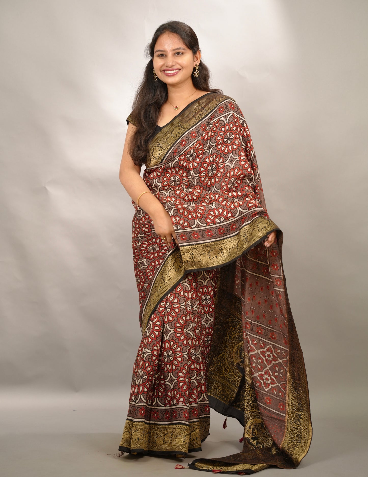 Ajrakh Handblock printed Dola Silk Saree | Looms & Tassels