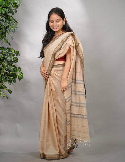 Sand Beige Narayanpet Cotton Saree | Looms & Tassels