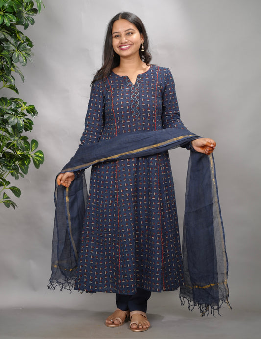 Indigo Ajrakh Handblock Printed Kali Kurta with Chudi Sleeves