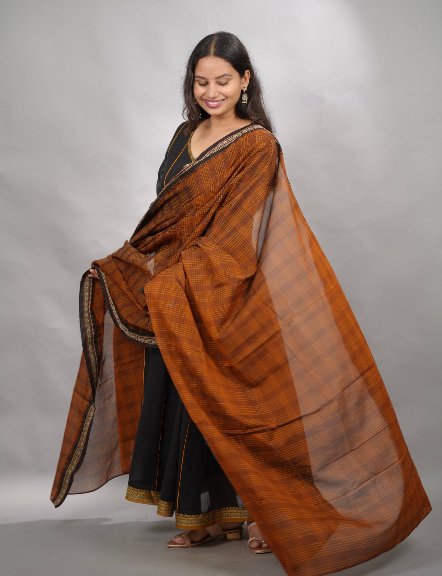 Black Narayanpet Cotton Anarkali Dress with Narayanpet Dupatta | Looms & Tassels
