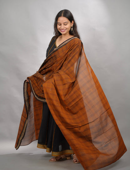 Black Narayanpet Cotton Anarkali Dress with Narayanpet Dupatta | Looms & Tassels