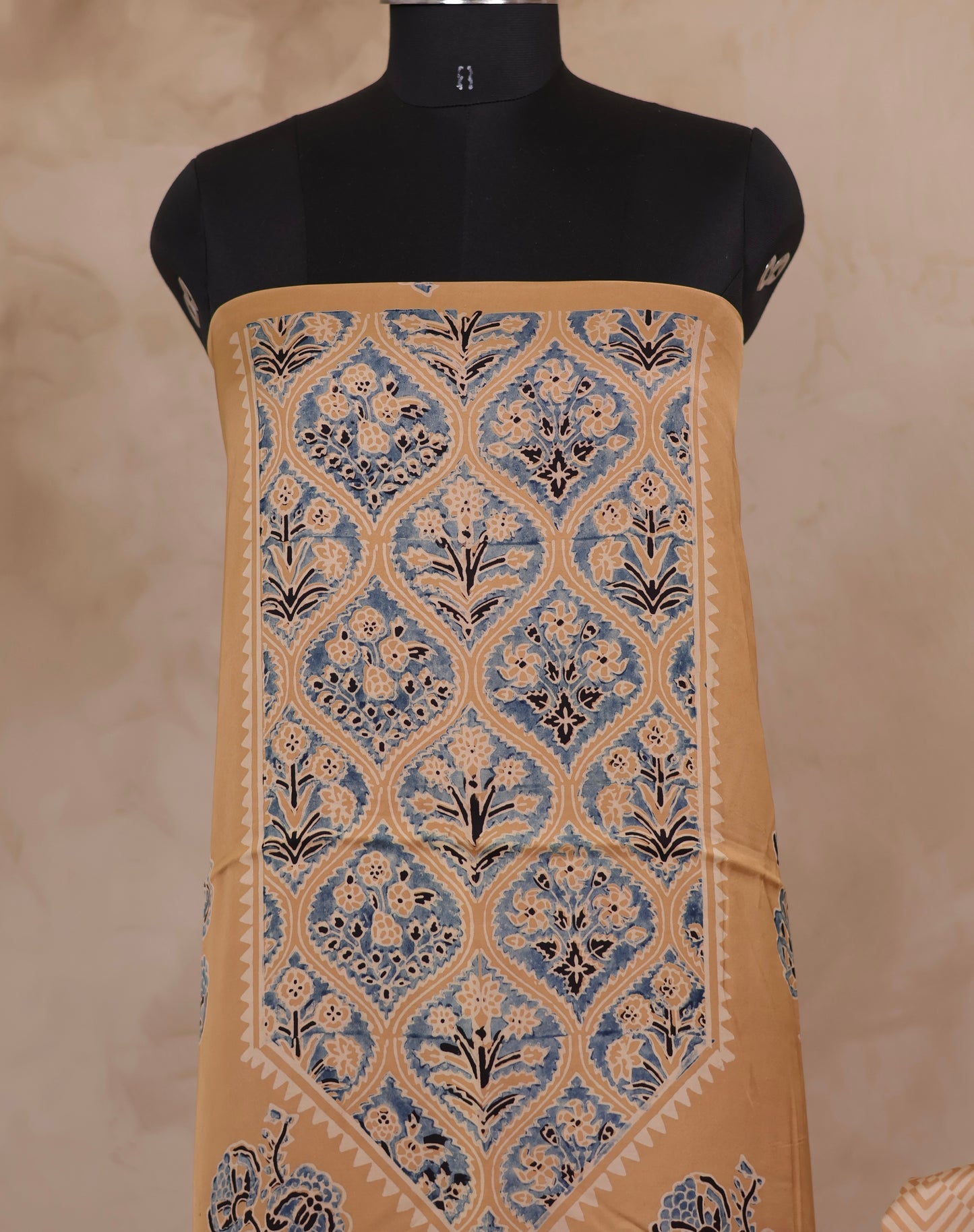 Cream Ajrakh Hand Block Printed Natural Dyed Modal Silk 2 Piece Suit Set | Looms & Tassels