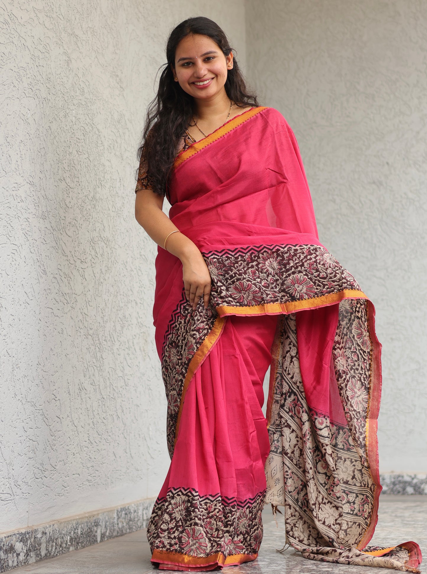 Pink Kalamkari dyeing premium chennur silk with hand block print saree