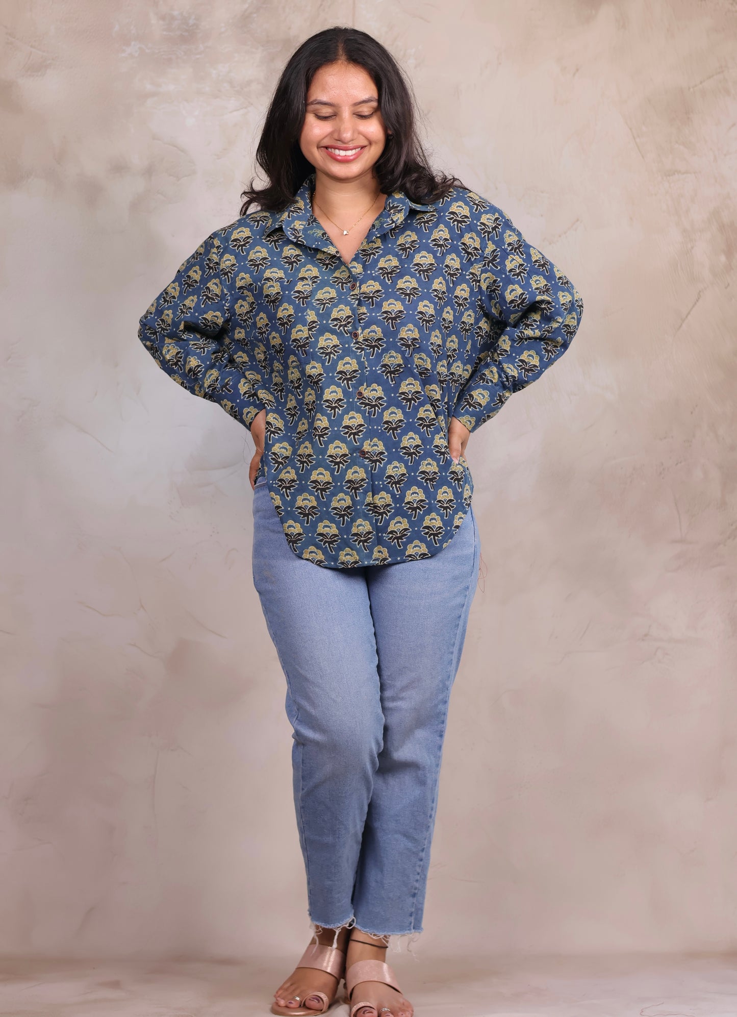 Indigo Ajrakh Handblock Printed Shirt (Pure Cotton ) | Looms & Tassels
