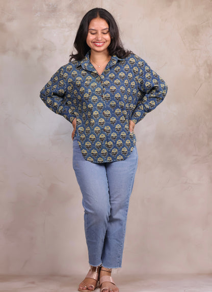 Indigo Ajrakh Handblock Printed Shirt (Pure Cotton ) | Looms & Tassels