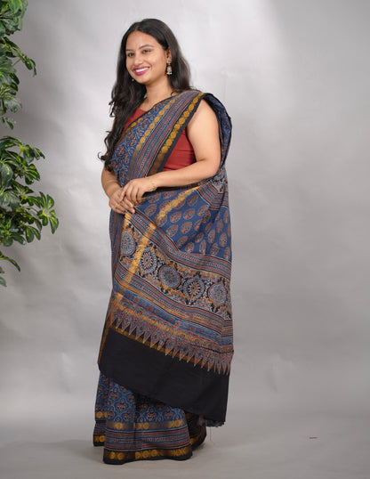 Indigo Ajrakh Hand Block Printed Sungudi Cotton Saree | Looms & Tassels
