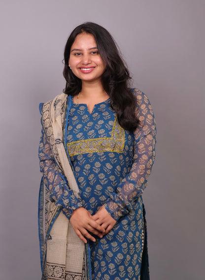 Cyan Blue Handblock printed kota 3 piece suit with chudi sleeves (stitched)