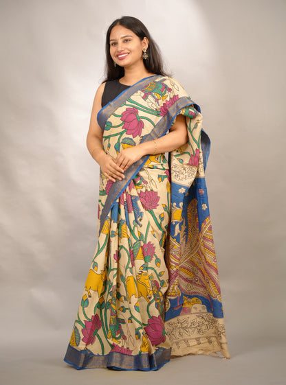 Cream Kalamkari Nizam Border Chennur Silk Saree | Looms & Tassels