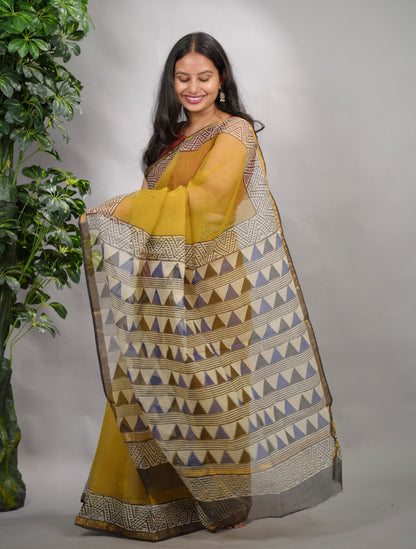 Mustard Pure Kota Doria Saree with Bagru Handblock Prints