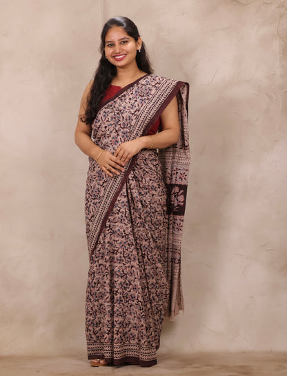 Brown Hand Block Printed Kalamkari Cotton Saree | Looms & Tassels