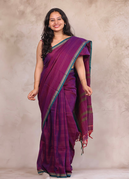 Purple Narayanpet Cotton Saree lines weaving | Looms & Tassels