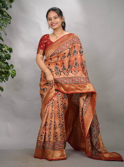 Onion Pink Ajrakh Handblock printed Dola Silk Saree| Looms & Tassels