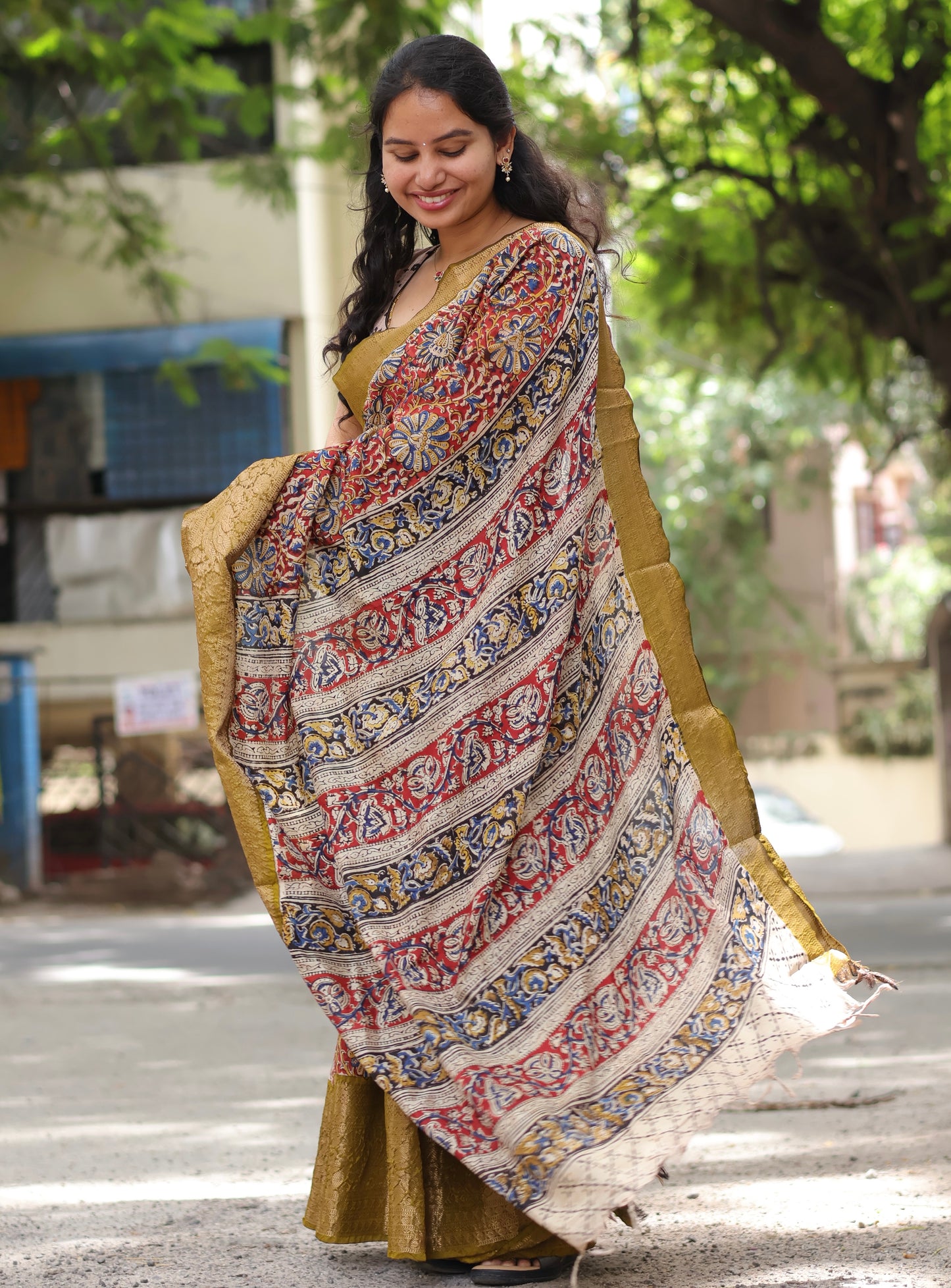 Red & Green Kuppadam Border Kalamkari Uppada Silk Saree