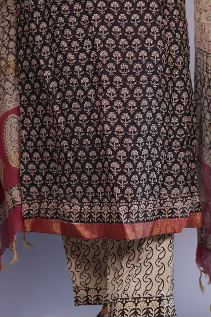 Handblock printed Pure Maheswari Silk 3 piece suit (stitched)