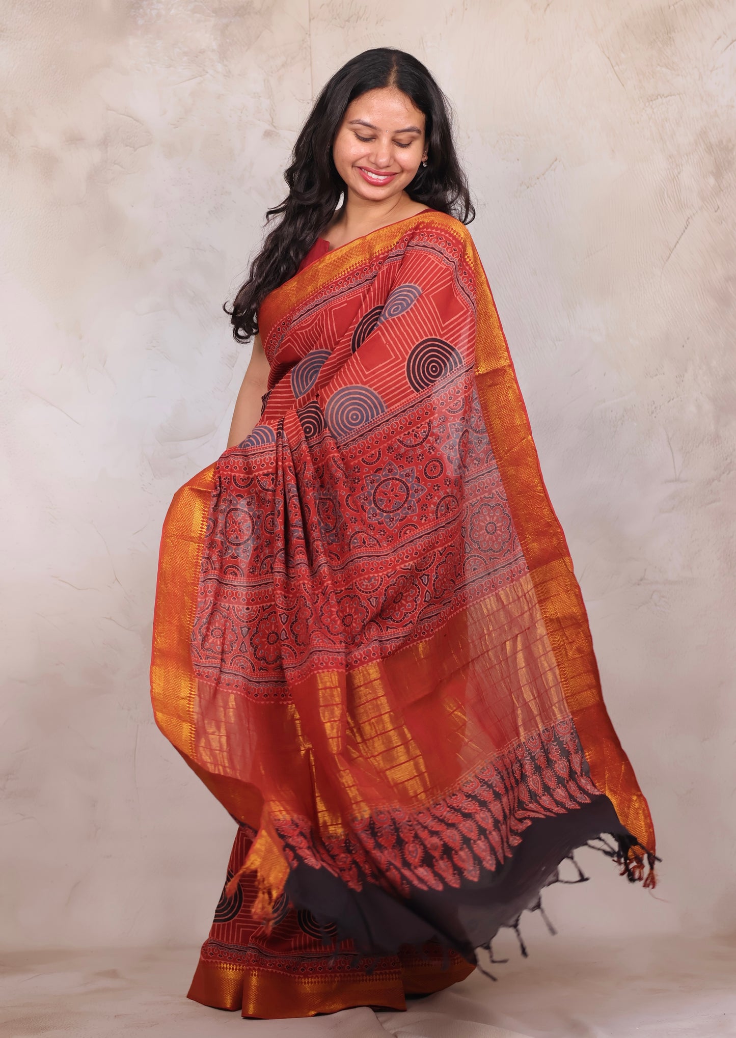 Red Ajrakh Hand Block Printed Mangalagiri Cotton Saree | Looms & Tassels