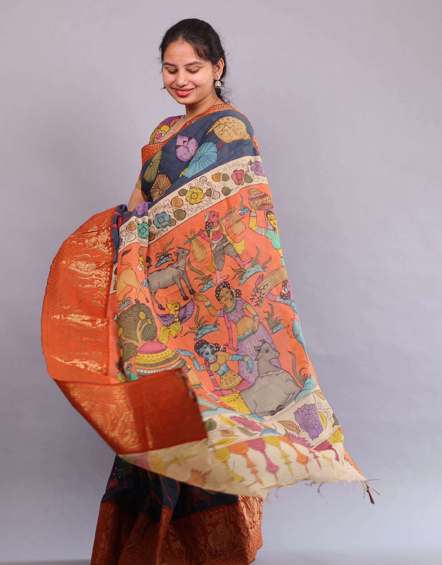 Hand Painted Pen Kalamkari Silk Saree