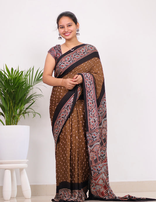 Ajrakh Bandhej Modal Silk Saree