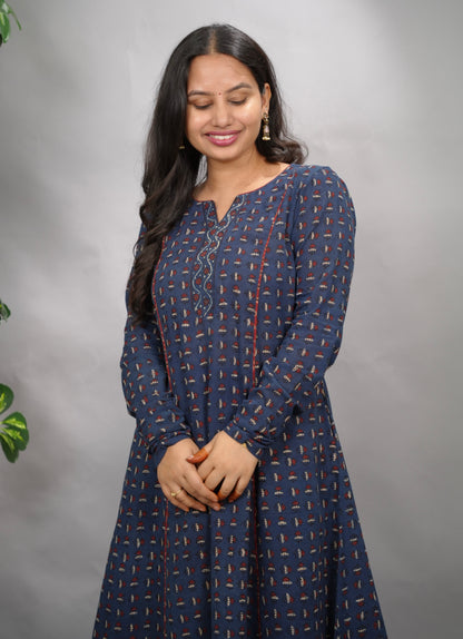 Indigo Ajrakh Handblock Printed Kali Kurta with Chudi Sleeves