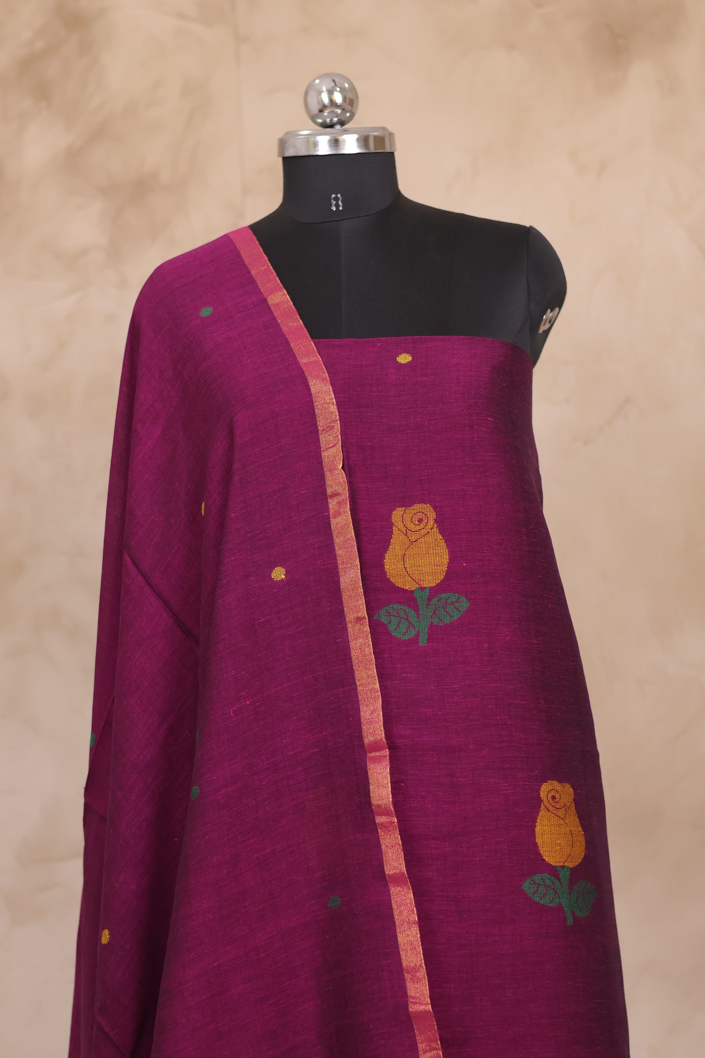 Magenta Handwoven Jamdhani weaving pure Mercerised Malai cotton 2 piece suit sets | Looms & Tassels