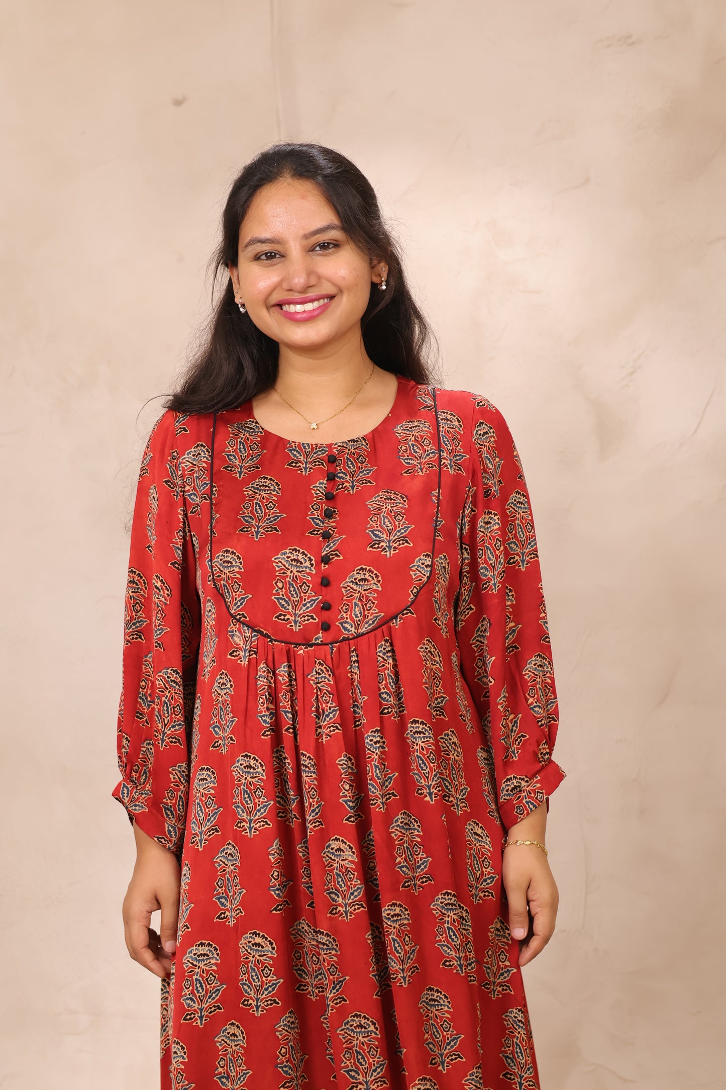 Red Ajrakh Modal Silk Aline Dress | Looms & Tassels