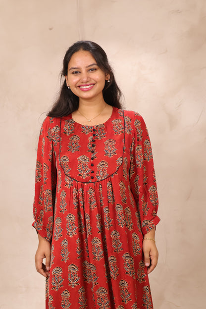 Red Ajrakh Modal Silk Aline Dress | Looms & Tassels