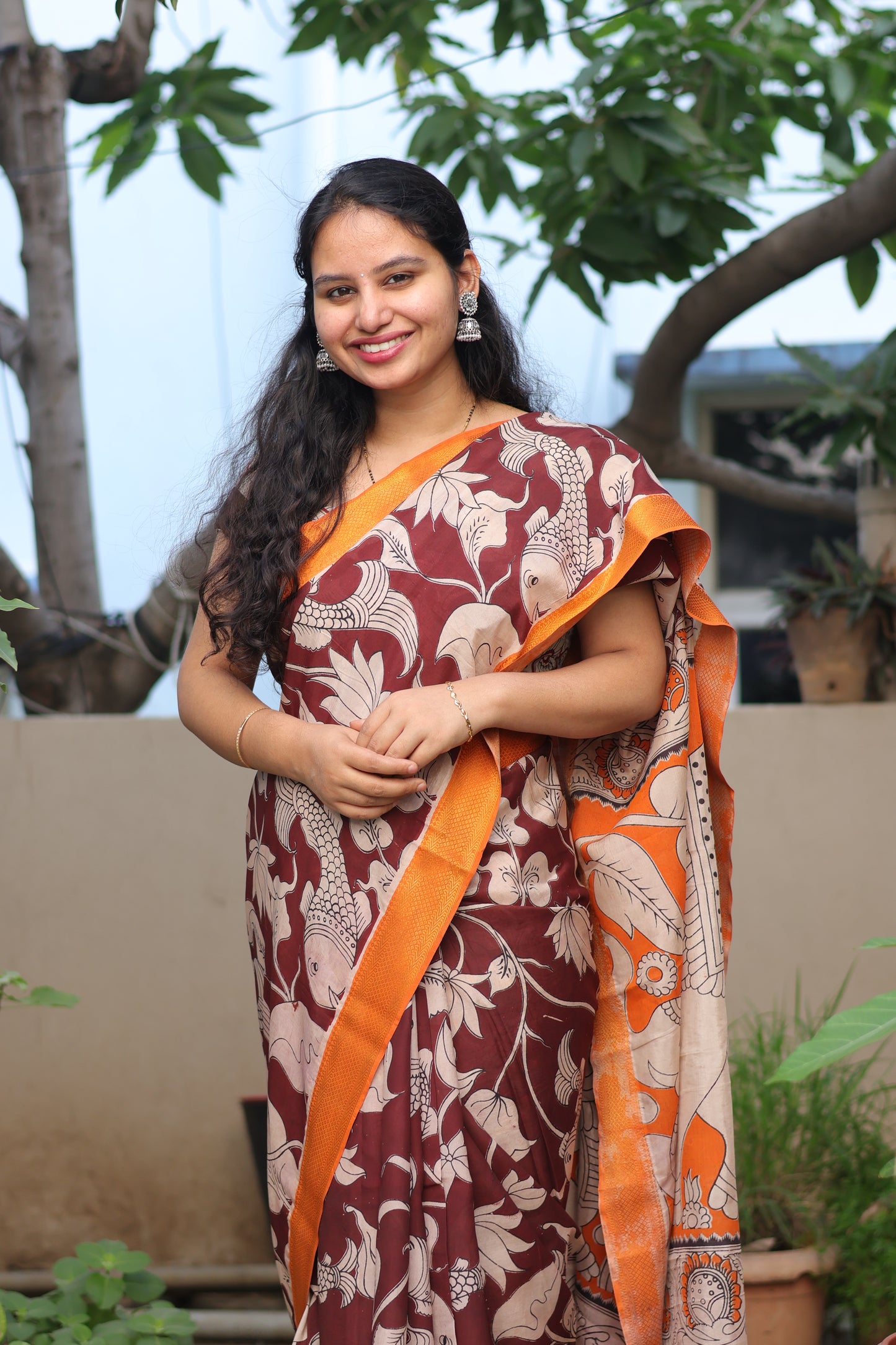 Brown Floral & Fish Kalamkari Silk Handcrafted Nizam Border Saree