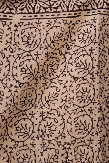 Cream Bagru Handblock printed MulMul cotton saree | Looms & Tassels