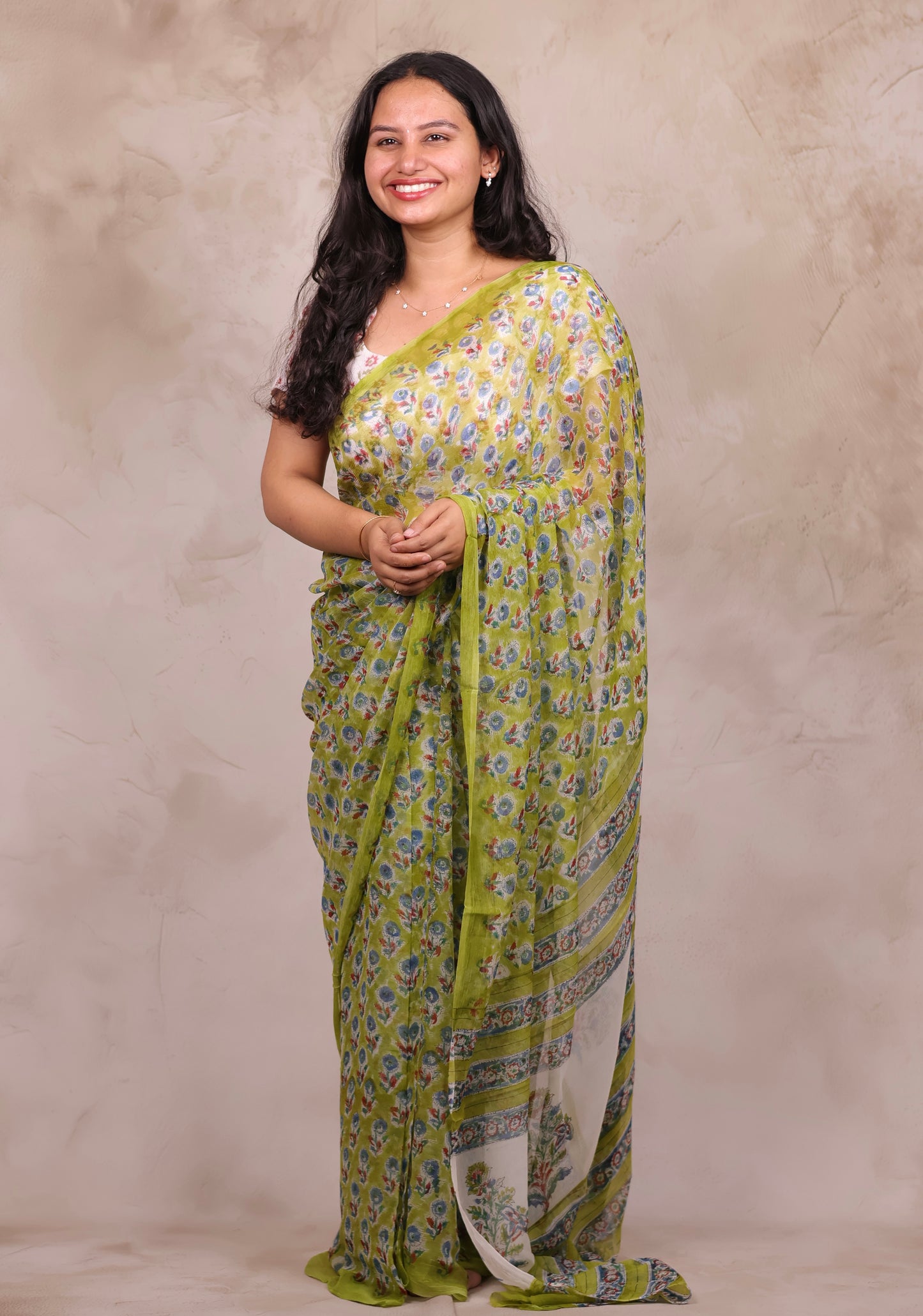 Green Chiffon Hand Block Printed Saree | Looms & Tassels