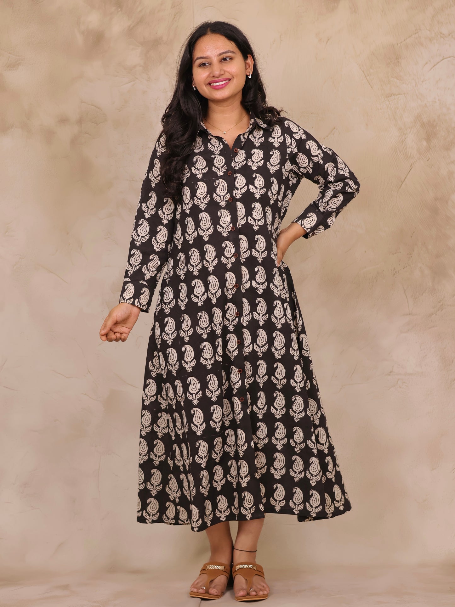 Black Paisley Hand Block Printed Pure Mul Cotton A-Line Shirt Dress | Looms & Tassels