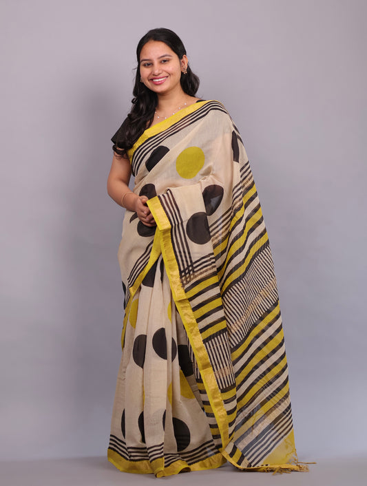 Cream Bagru Hand Block Printed Maheswari Silk Cotton Saree