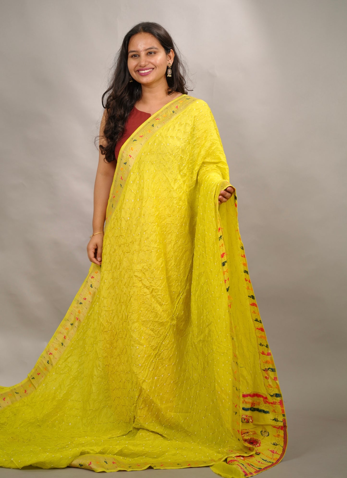 Lemon Green Handcrafted Bandhani Paithani Dola Silk Saree | Looms & Tassels