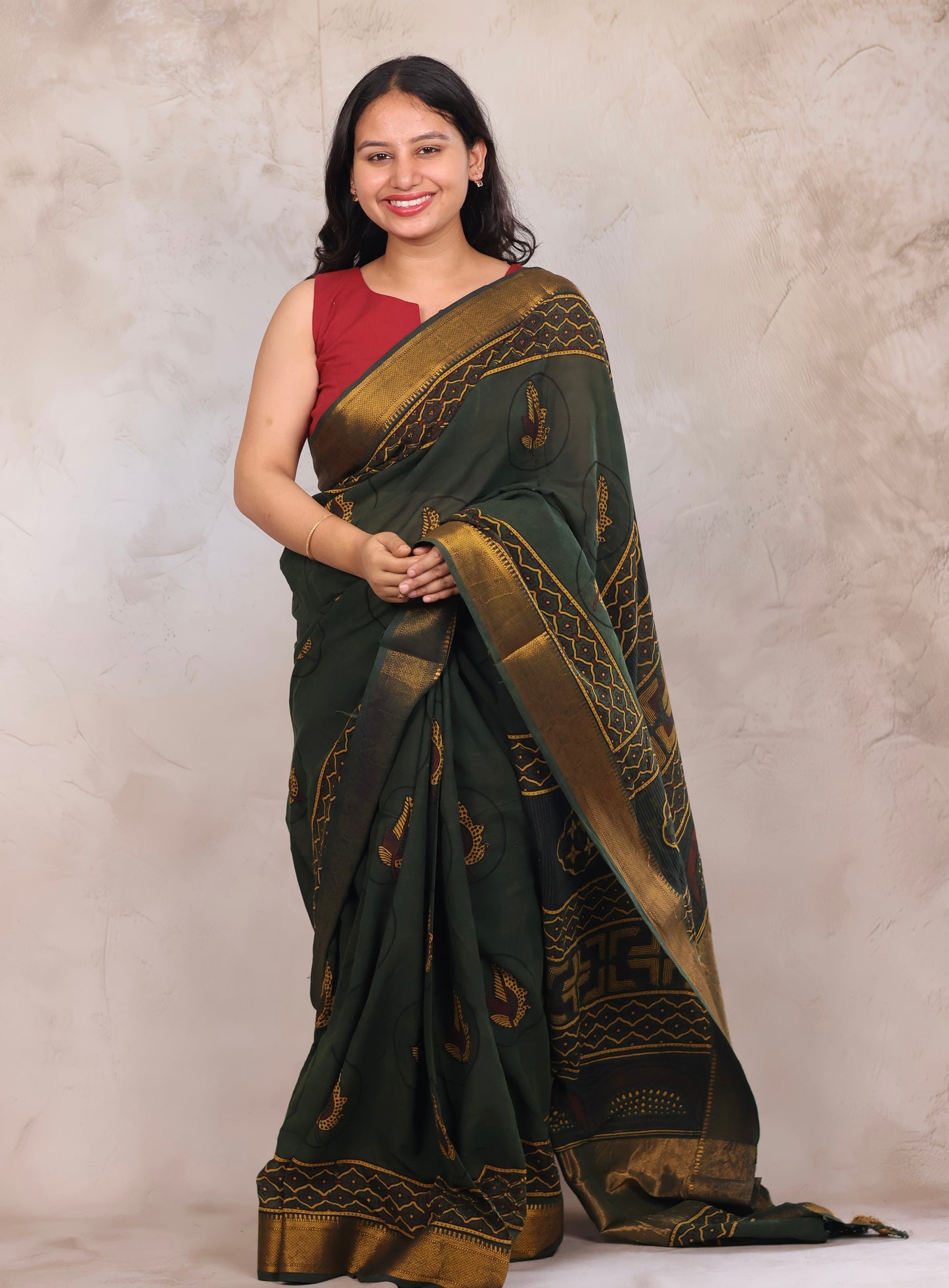 Green Ajrakh Hand Block Printed Mangalagiri Cotton Saree | Looms & Tassels