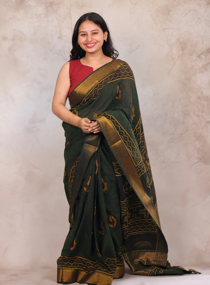 Green Ajrakh Hand Block Printed Mangalagiri Cotton Saree | Looms & Tassels