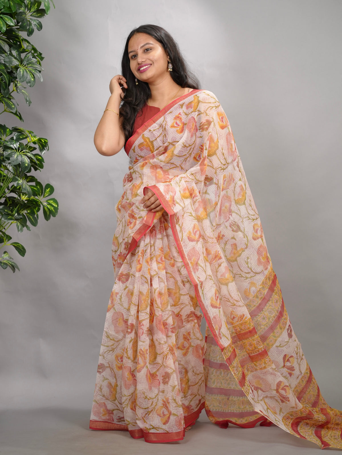Off white Pure Kota Doria Saree with Bagru Handblock Prints