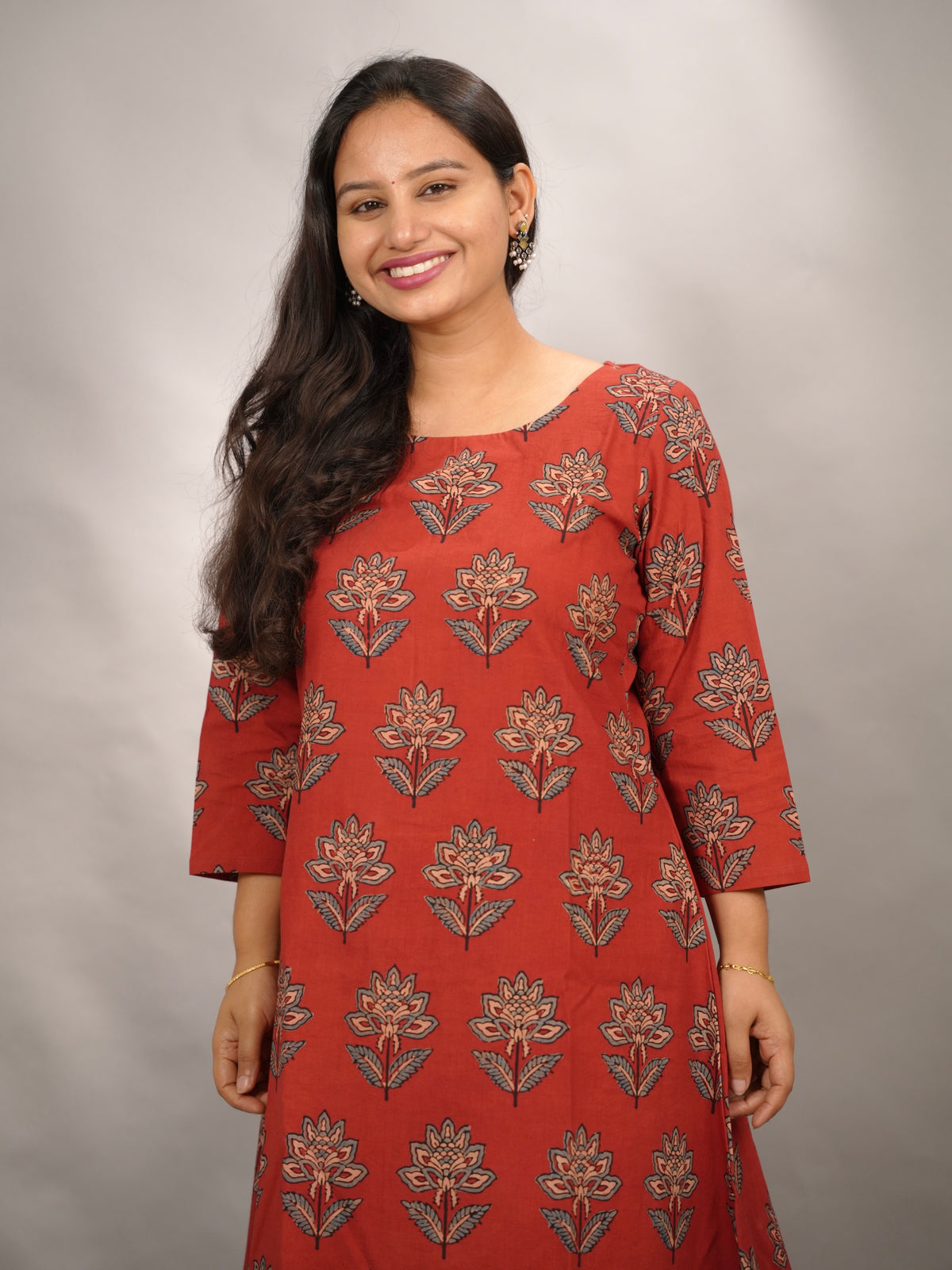 Red Ajrakh Hand Block Printed Pure Mul Cotton A-line Kurta | Looms & Tassels