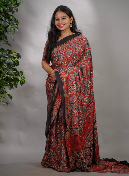 Maroon Ajrakh Modal Silk Hand Embroidery Saree  | Looms & Tassels