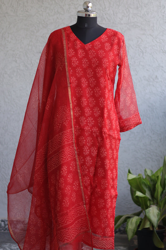 Red Handblock printed kota 3 piece suit (stitched)